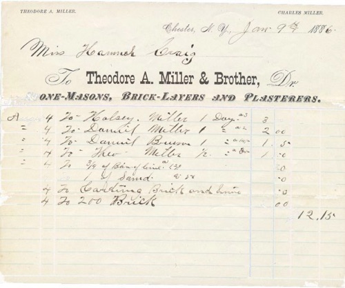 Mason Theodore A Miller bills Miss Hormick Craig for labor, January 9, 1886. chs-003097